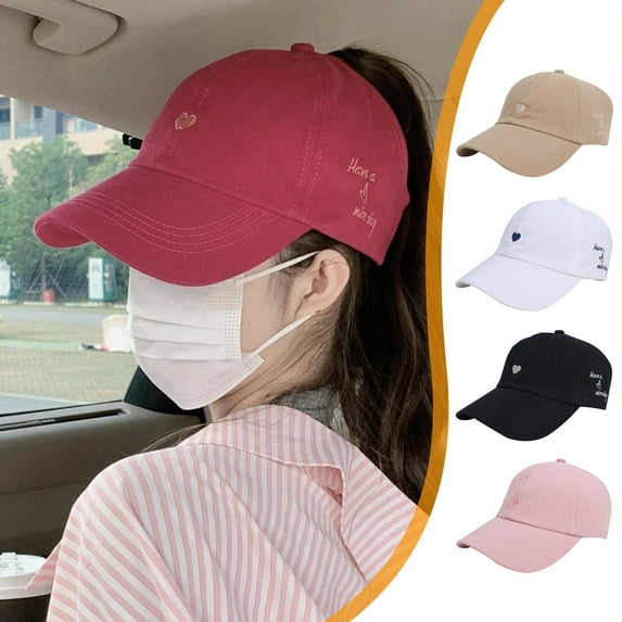 Guiexla Summer Extended Brim Baseball Hat Embroidery Letter Heart Empty Dome Adjustable Casual Sun Hat Streetwear