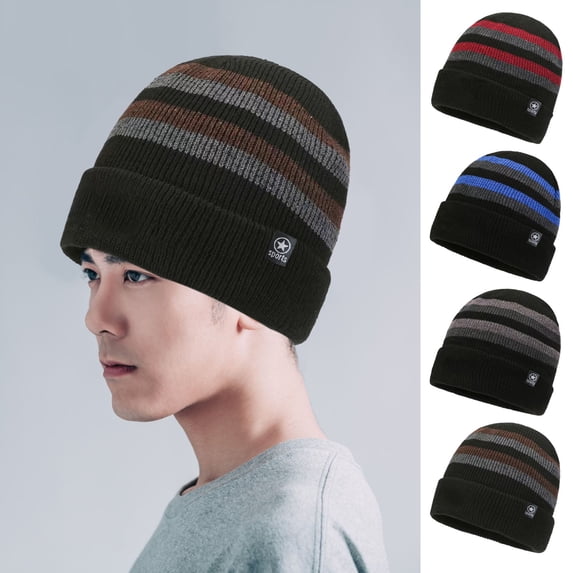 Guiexla Winter Knitted Hat Striped Color Matching Thick Elastic Warm Soft Windproof Soft Anti-slip Cold Resistant Men Outdoor Skiing Cap Beanie