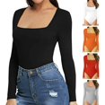 thumbnail image 1 of Guiexla Women Bodysuit Solid Color Breathable Soft Square Neck Long Sleeves Match Pants Slim Fit Stretchy Spring Playsuit Women Clothes, 1 of 8