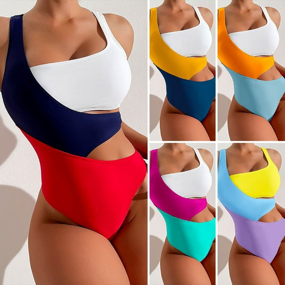 Guiexla Women Monokini One Piece Contrast Color Sexy Stretchy Beachwear Square Neck Push Up Summer Female Swimsuit Bikini Beach Party Supplies