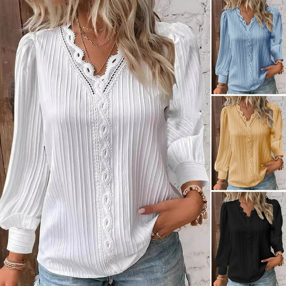 Guiexla Women Shirt V-neck Lace Splicing Trim Long Sleeve Pullover Tops Solid Color Loose Fit Top with Lace Decoration