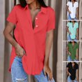 thumbnail image 1 of Guiexla Women Summer Shirt Lapel V-neck Short Sleeve Loose Fit Pullover Tops Solid Color Mid-length Office Lady Shirt, 1 of 7