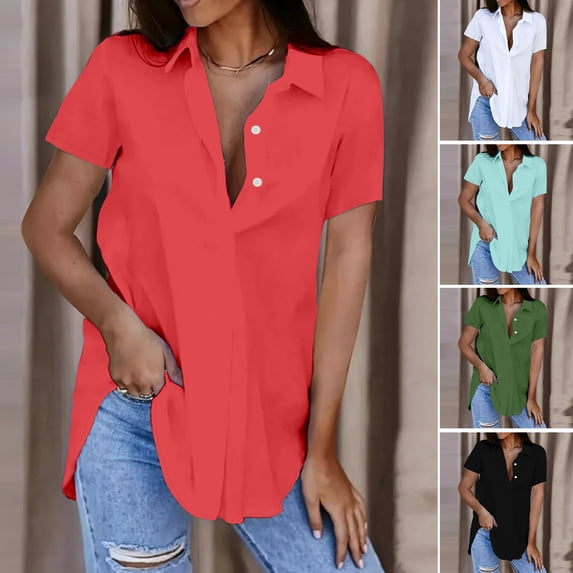 Guiexla Women Summer Shirt Lapel V-neck Short Sleeve Loose Fit Pullover Tops Solid Color Mid-length Office Lady Shirt