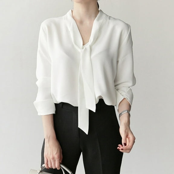 Guiexla Women Summer Shirt V-neck Lace-up Collar Long Sleeve Pullover Tops Solid Color Loose Fit Office Lady Tops Workwear