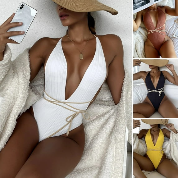 Guiexla Women Swimsuit Deep V-neck Solid Color One-piece Quick Dry Strap Swimming Halter Neck Surfing Diving Lady Monokini Water Sports Clothes