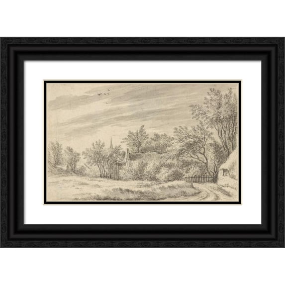 Guillam Dubois 24x16 Black Ornate Framed Double Matted Museum Art Print Titled: Village Path with Church Spire in the Distance (1650)