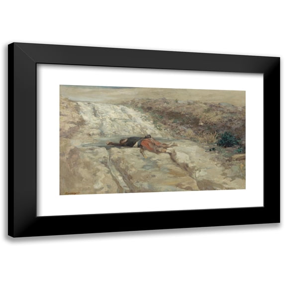 Guillaume Régamey 24x16 Black Modern Framed Museum Art Print Titled - War Scene of 1870; Soldier Who Died on a Battlefield. (1870)