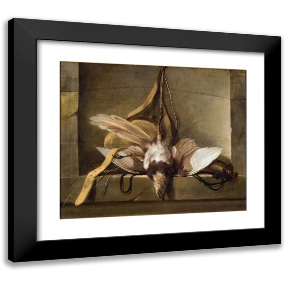 Guillaume Taraval 14x12 Black Modern Framed Museum Art Print Titled - Still Life with a Dead Bird and Hunting Gear (1744)