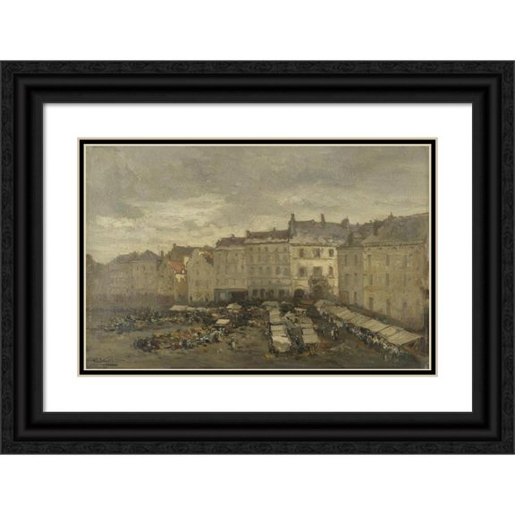 Guillaume Vogels 24x17 Black Ornate Framed Double Matted Museum Art Print Titled: The Grote Zavel (Grand Sablon), Brussels (1875)
