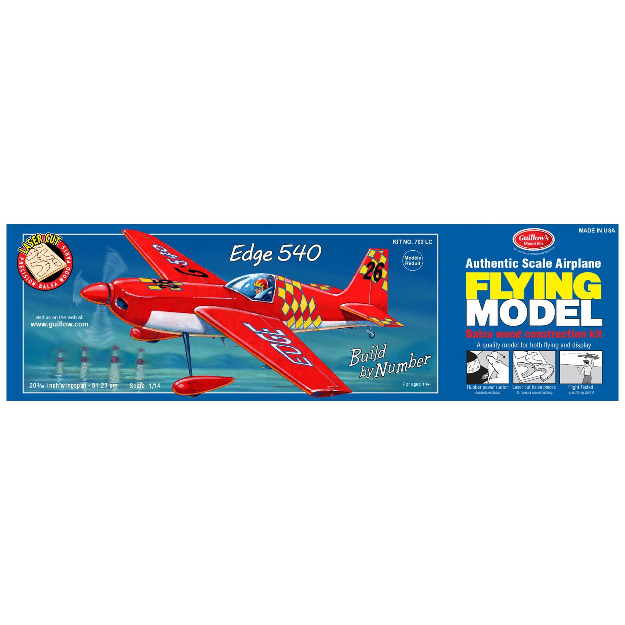 Guillow's: Flying Model Kit - Edge 540 - 20" Wingspan, Classic Balsa Wood, DIY Build-By-Number Plane Building, Laser-Cut Parts, Hobby Collectible, 703