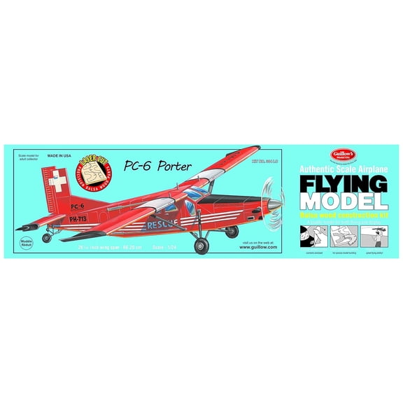 Guillow's: Flying Model Kit - PC-6 Porter - Classic Balsa Wood, DIY Plane Building, Laser-Cut Parts, Hobby Collectible, 1:24 Scale Private Plane, 304