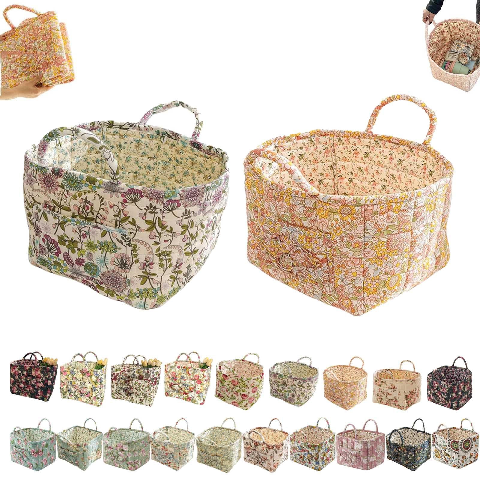 Guilted Basket - Quilted Storage Basket, Floral Foldable Storage Basket Car, Quilted Easter Basket with Easy-Carry Handles Large