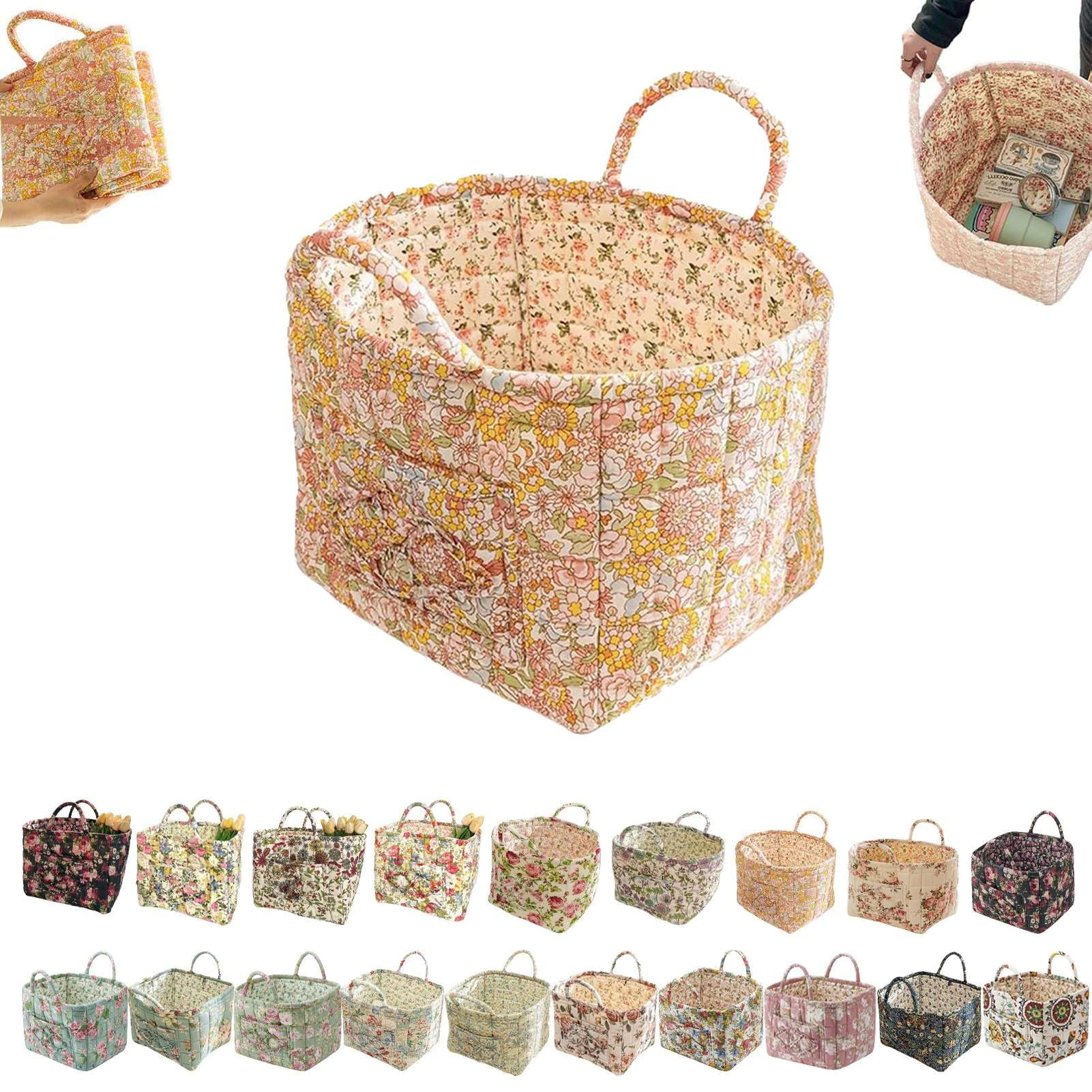 Guilted Basket - Quilted Storage Basket, Floral Foldable Storage Basket Car, Quilted Easter Basket with Easy-Carry Handles Large