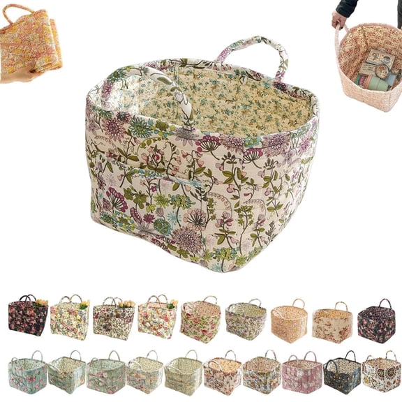 Guilted Basket - Quilted Storage Basket, Floral Foldable Storage Basket Car, Quilted Easter Basket with Easy-Carry Handles Large