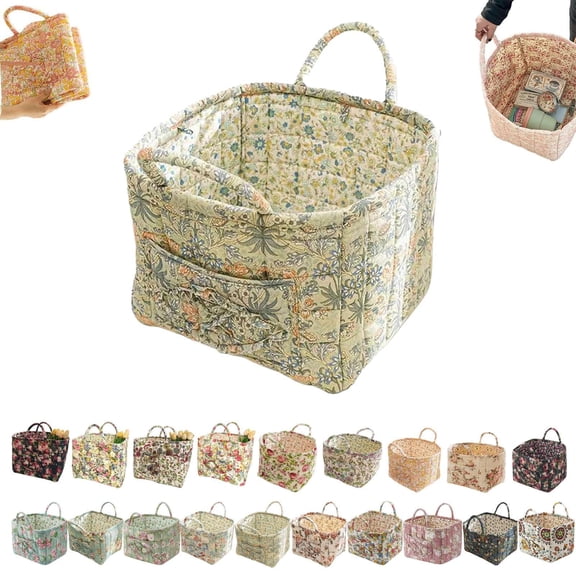 Guilted Basket - Quilted Storage Basket, Floral Foldable Storage Basket Car, Quilted Easter Basket with Easy-Carry Handles Large