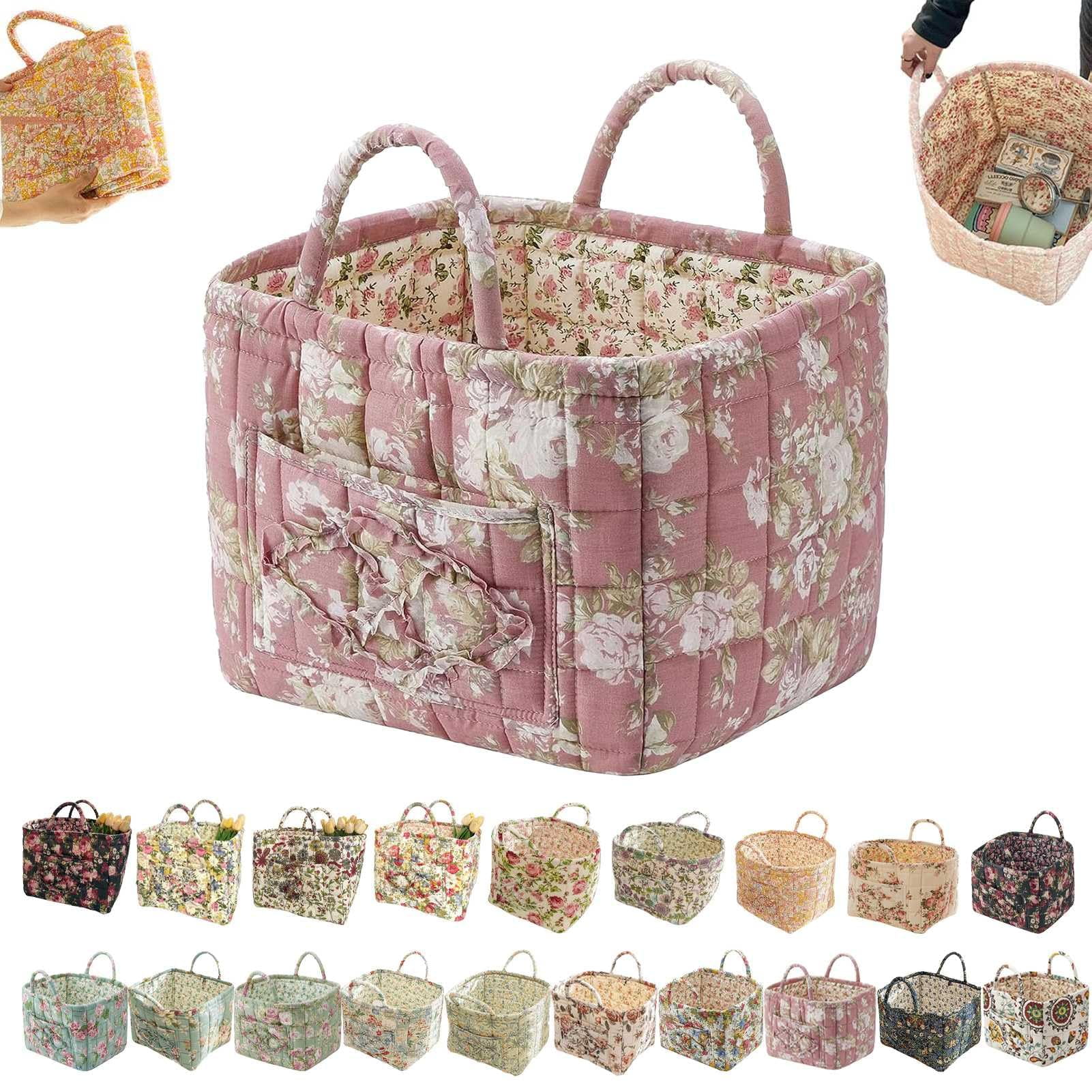 Guilted Basket - Quilted Storage Basket, Floral Foldable Storage Basket Car, Quilted Easter Basket with Easy-Carry Handles Large
