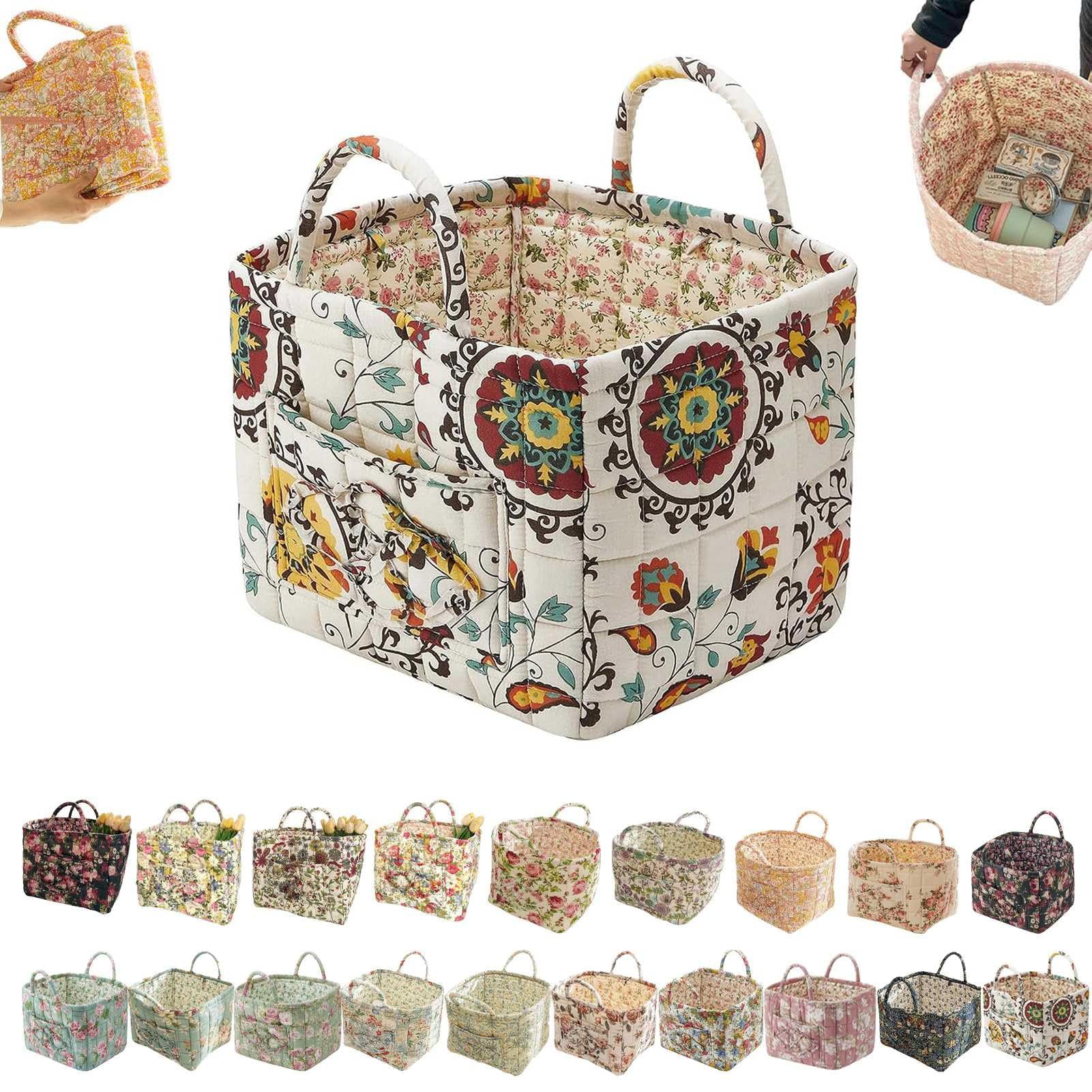 Guilted Basket - Quilted Storage Basket, Floral Foldable Storage Basket Car, Quilted Easter Basket with Easy-Carry Handles Large