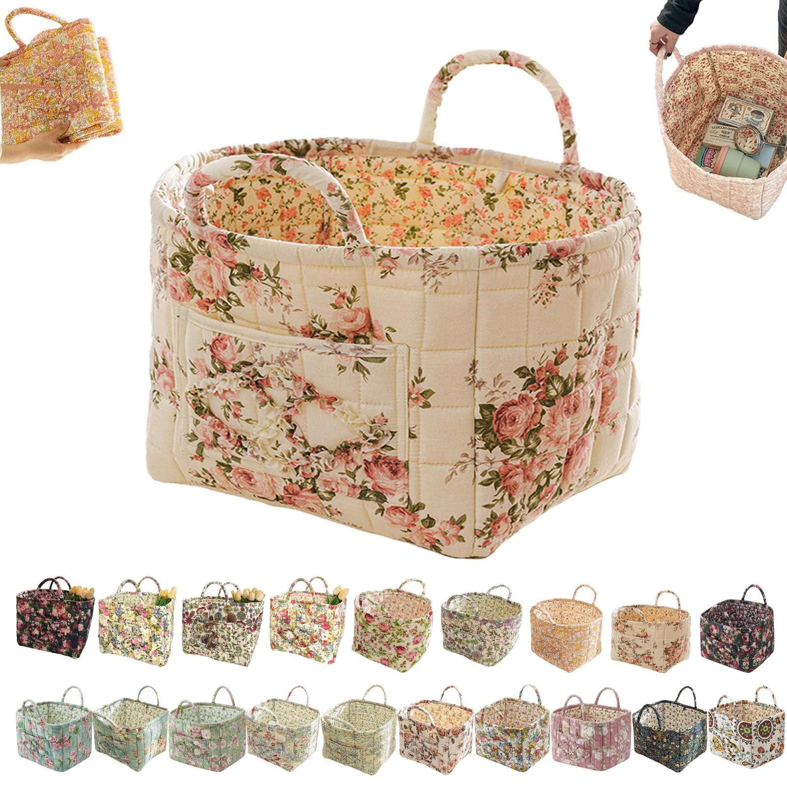 Guilted Basket - Quilted Storage Basket, Floral Foldable Storage Basket Car, Quilted Easter Basket with Easy-Carry Handles Large