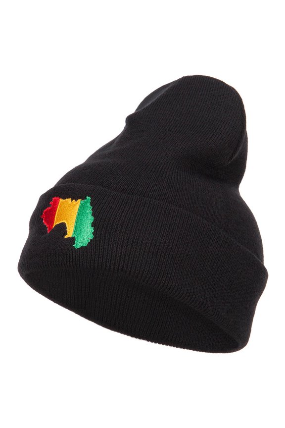 Guinea Flag Map Embroidered Long Beanie - Black OSFM