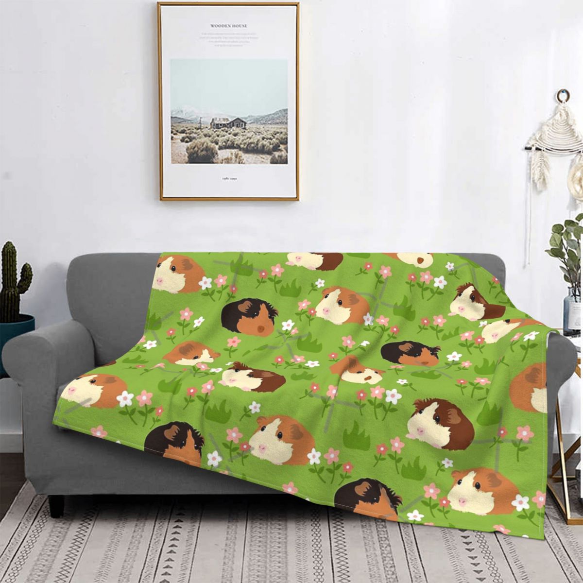 Guinea Pig And Flowers Black Throw Blanket Pompompurin Receiving