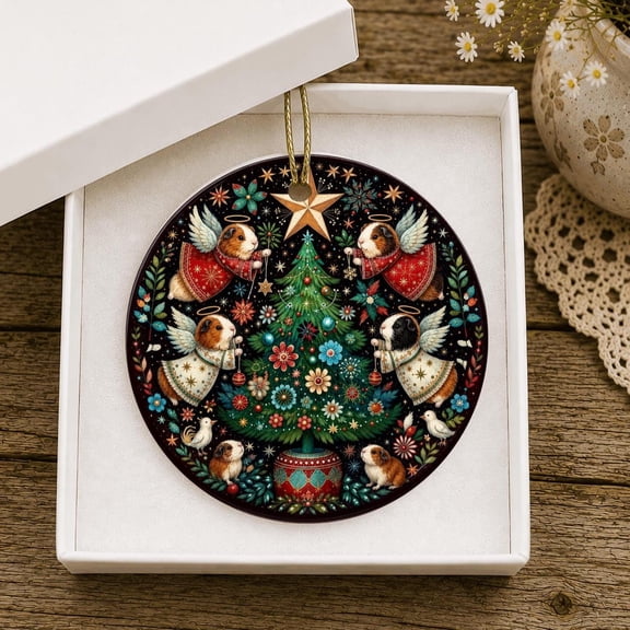Guinea Pig Angel Christmas Ornament Folk Art Ceramic Christmas Ornament Whimsical Holiday Tree Decoration Guinea Pig Gift 2D FLAT Ceramic Ornament