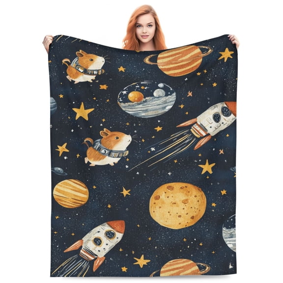 Guinea Pig Blanket Watercolor Space Cute Astronaut Hamster Rocket Planets Starry Night Fleece Throw 50x40