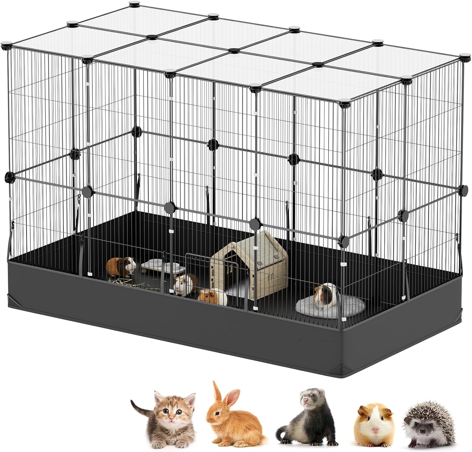 Guinea Pig Cage with Waterproof PVC Bottom Liner & One-Hand Release Hook, Triple Fixing C&C Cage for Guinea Pigs, Bunny, Rabbit, Hedgehog, Small Animal Indoor Playpen 48''L x 24''W x 31.5''H