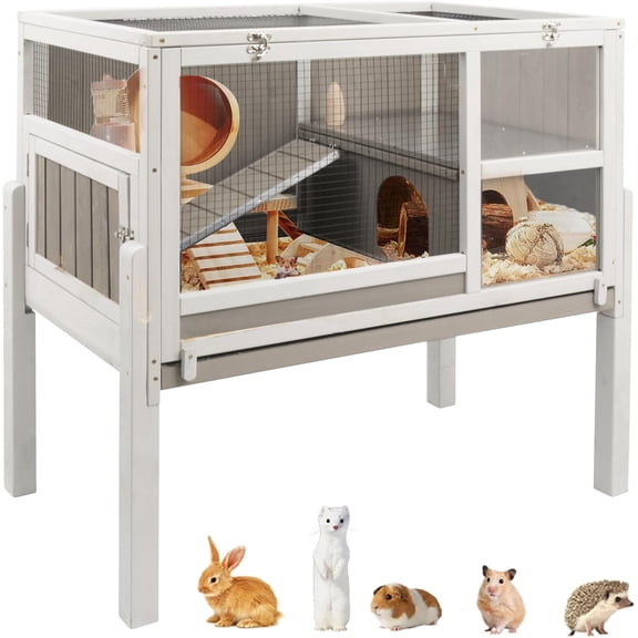 Guinea Pig Cages Indoor, Wooden Guinea Pig Cages with Stand, Rabbit Cage Hutch with Ramp and Hideout, Small Animals Cage Habitat with Not Leakage Pull Out Tray