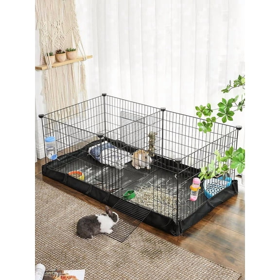 Guinea Pig Cages, Metal Grid Small Animal Playpen With Waterproof Washable Liner, 2 Separate Spaces For Rabbits, Ferrets, Bunnies, Hedgehogs, 48.4 X 24.8 X 18.1 Inches, Black