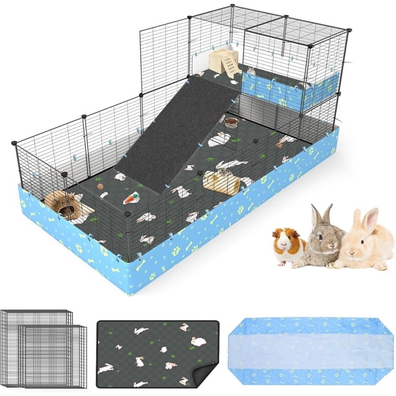 Guinea Pig Cages with Tarp and Bedding Pee Pad Liner, 2-Story Large Guinea Pig Playpen C&C Loft Cage for 2 Rabbit Bunny Chinchilla Small Animal Habitat for Indoor