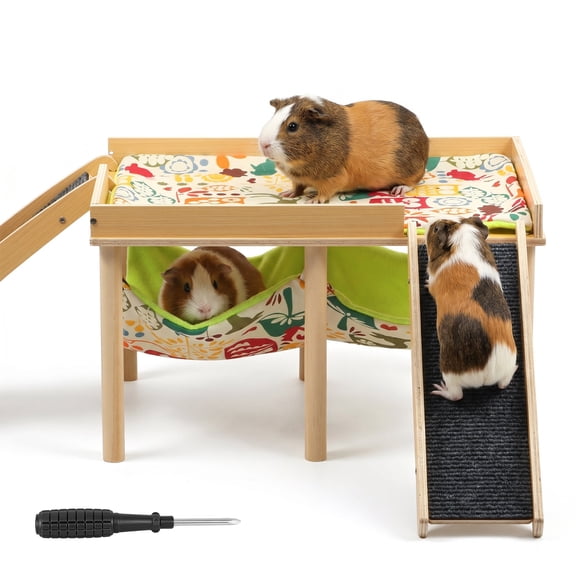 Guinea Pig Hammock with Platform and Stairs Wood Small Hideout for Guinea Pig Dwarf Bunny Ferret Hamster Resting Sleeping Activities