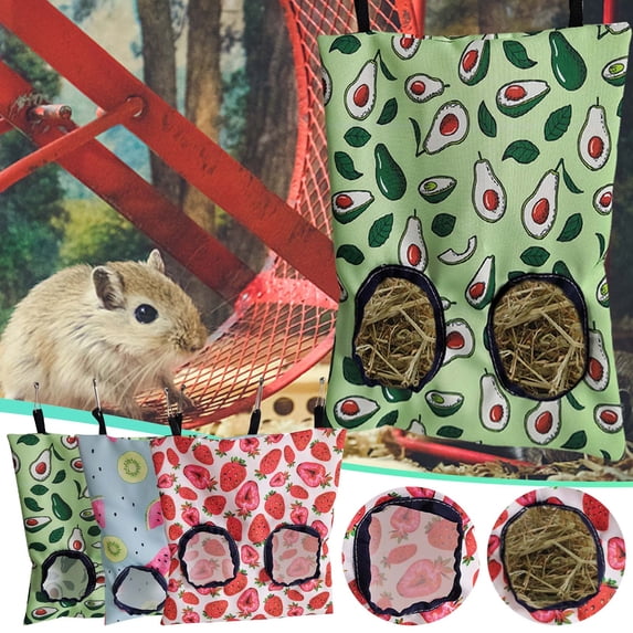 Guinea Pig Hay Feeder Bag with 2 Feeding Holes, Hanging Chew-Resistant Hay Storage Sack for Rabbits, Hamsters and Other Small Pets