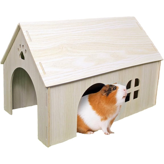 Guinea Pig Hideout 15x9x10 inch Large Size Wooden House with Window and Roof Wood Hut Habitats Decor for Bunny, Chinchillas, Dwarf Rabbits, Hamsters, and Other Small Pet Animals