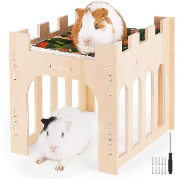 Guinea Pig Hideout, Large Wooden Guinea Pig House with Soft Mat for Small Animals Bunny Hamster Chinchilla Ferret Rabbit Hedgehog Squirrel Guinea Pigs Accessories