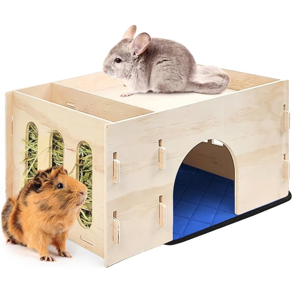 Guinea Pig Hideout with Hay Feeder & Absorbent Mat, Wooden Chinchilla House with Multiple Window, Small Animal Hut Castle for Dwarf Rabbit