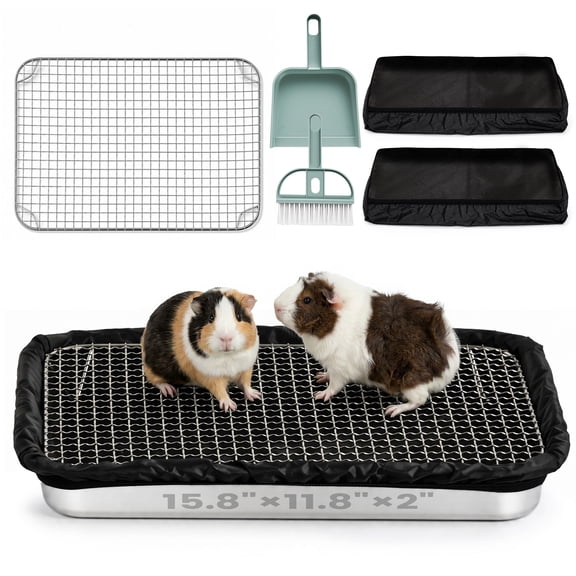 Guinea Pig Litter Box & Rabbit Litter Box Stainless Steel Tray with Grid, Dual-Layer Mesh Top & Bottom Reusable Waterproof Liner, Easy-to-Clean, 2 inch Low Entry
