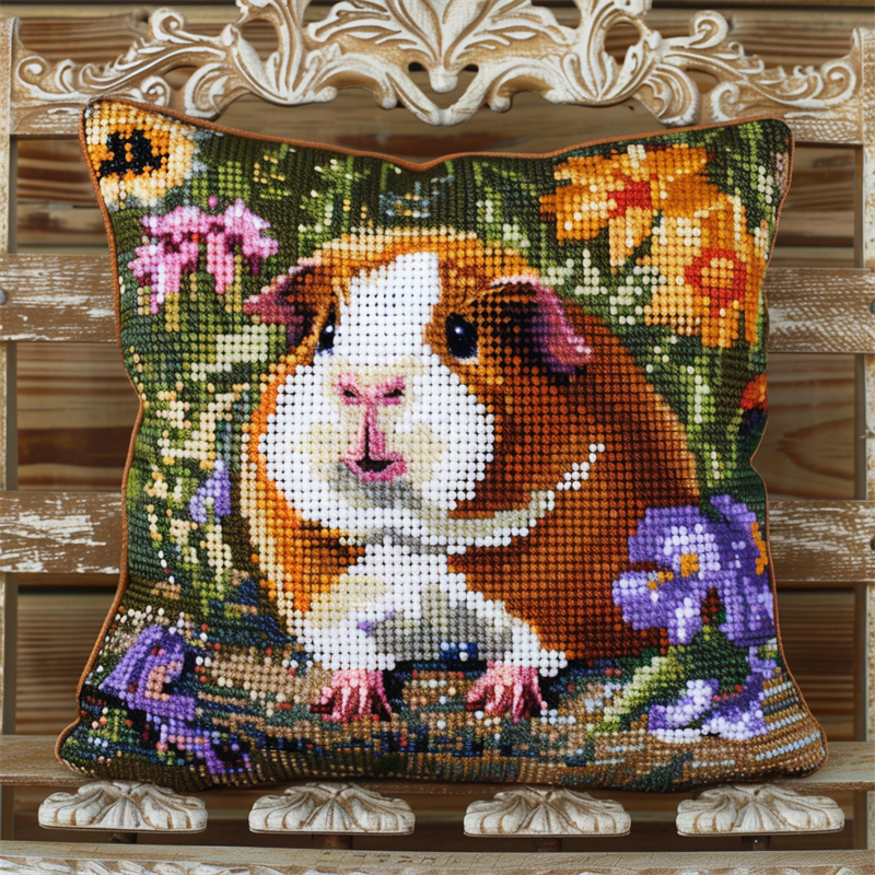 Guinea Pig Printed Cross Stitch Pillow Case Kits 11 Count Cross Stitch Kits 45X45cm DIY Needlepoint Handmade Embroidery Kit Home Decoration for Bedroom Sofa