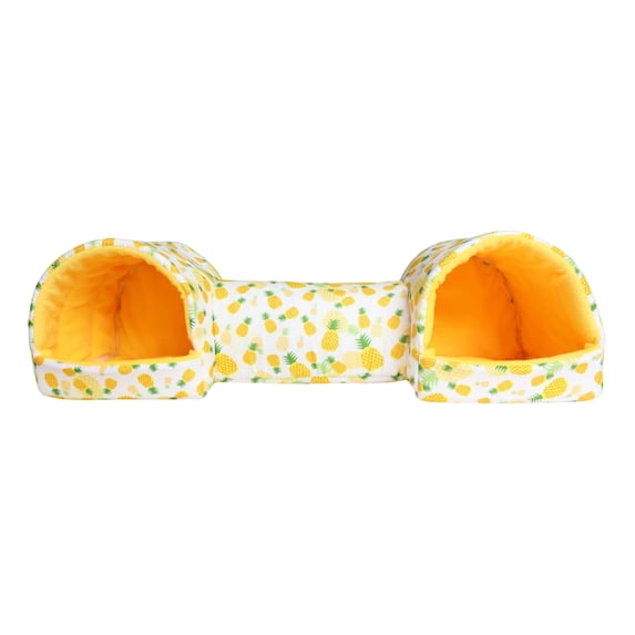 Guinea Pig Tunnel, Hamster Hideout, Guinea Pig Hideout, Yellow Pineapple Print, Fleece Lined Insulated, Small Pet Supplies, Connected Dual Hideaways, 18X6 In, 1 Pc