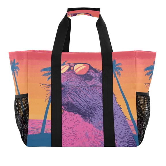 Guinea Pig with Sunglasses Reusable Grocery Bags with Handle Side Pocket Waterproof Shopping Portable Tote