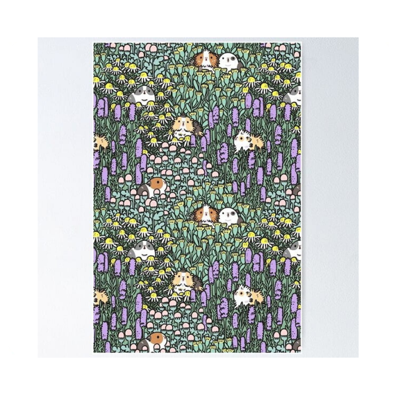 Guinea Pigs And Garden Herbs Pattern Poster Home Decor Office Wall Art