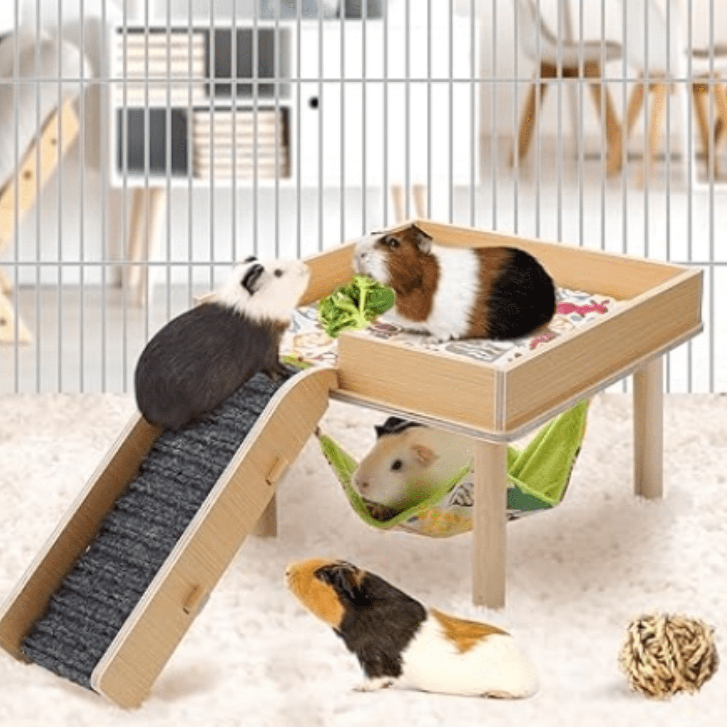 Guinea Pigs Hammock with Platform, Safe Wooden Guinea Pig Hideout with Stairs, Durable Small Pet Bed for Piggies Chinchilla Rat Hamster Bunny (Single Hammock)