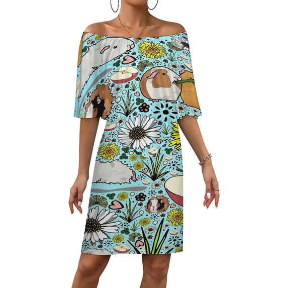 Guinea Pigs in Blue Greeting Women's Off The Shoulder Ruffles Summer Wedding Guest Loose Casual Party Beach Dress