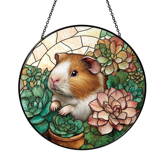 Guinea pig stained glass suncatcher, round floral and succulent window panel for pet lovers