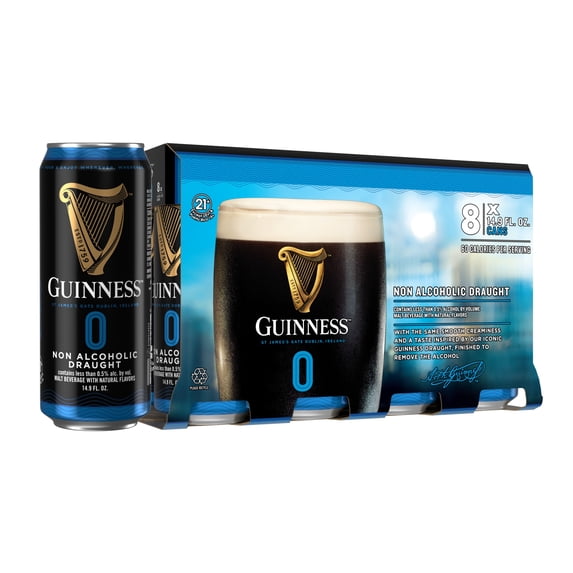 Guinness 0 Draught Non-Alcoholic Import Beer, 8 Pack Cans, 14.9 fl oz, less than 0.5% ABV