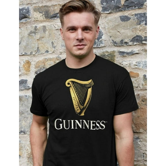 Guinness Classic Black T Shirt for Men with an Irish Gold Harp Design 100% Cotton