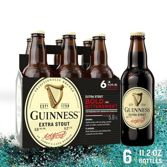 Guinness Extra Stout Import Beer, 11.2 fl oz, 6 Pack Bottles, 5.6% ABV