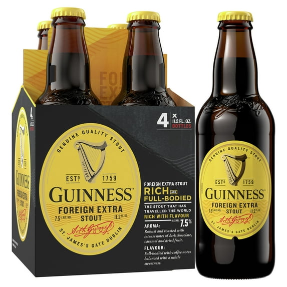 Guinness Foreign Extra Stout Import Beer, 4 Pack Bottles, 11.2 fl oz, 7.5% ABV