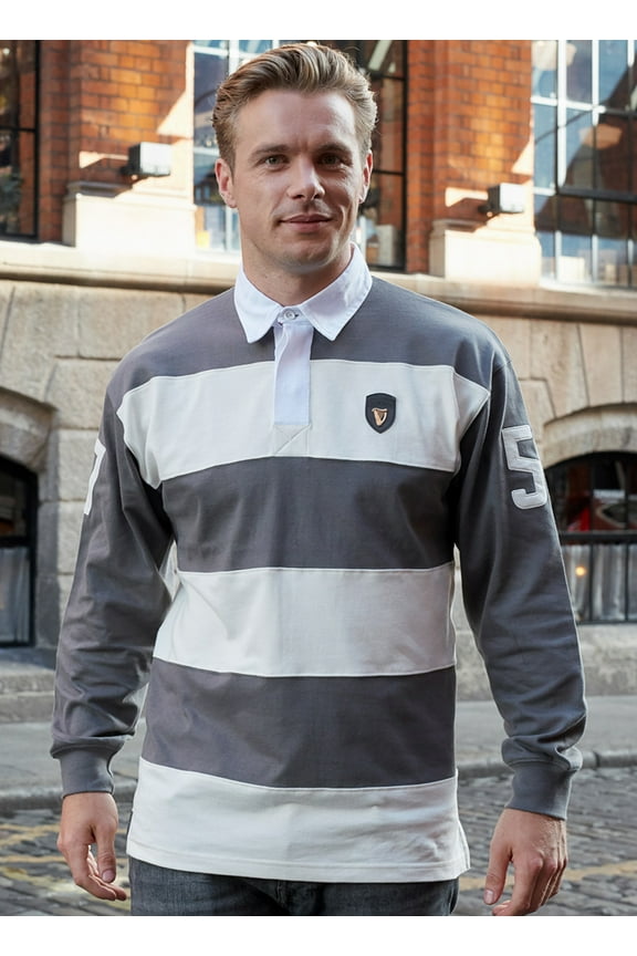 Guinness Long Sleeve Stripe Rugby Shirt 100% Cotton Pewter Cream Color
