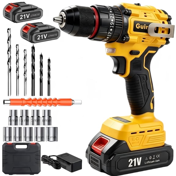 Guiqiqi 21V Brushless Cordless Drill Driver, 2 Batteries Charger, Hard Case Accessory Kit