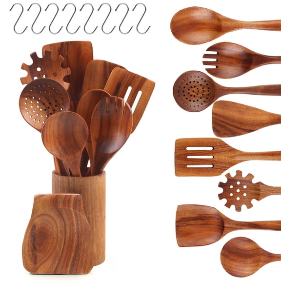 Guirnd 18 Pcs Wooden Spoon for Cooking,High Temperature Non-Stick Teak Wooden Cooking Utensils Set, Smooth Comfortable & Sturdy Durable Wooden Kitchen Utensils for Everyday Baking,Cooking